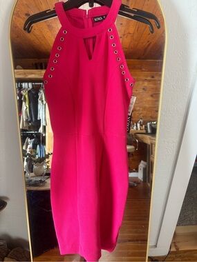 XOXO Hot Pink Halter Eyelet Midi Dress